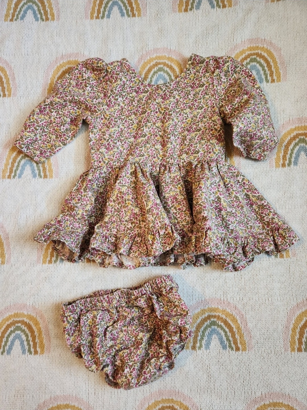 Floral Ruffle Numi Matching Set in Pink and Green 3t Handmade Cottagecore